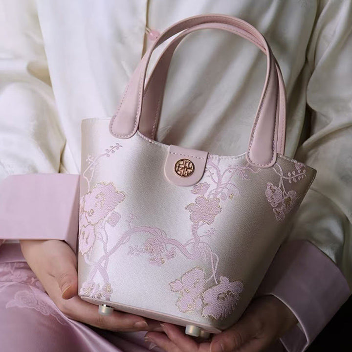 Stickerei Seide Korb Eimer Tasche echtes Leder Handtasche