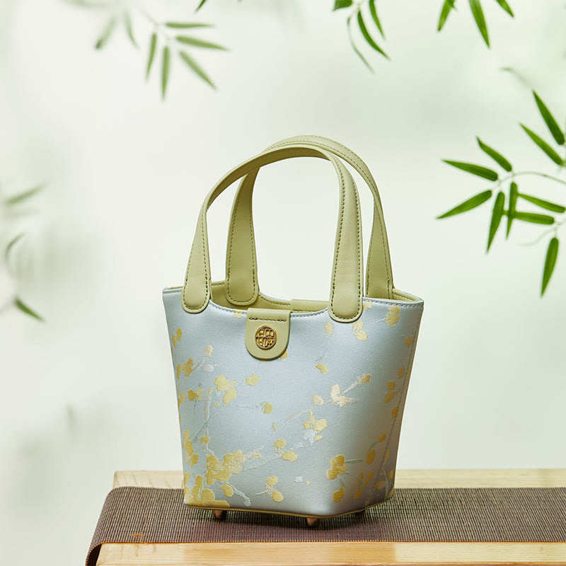 Stickerei Seide Korb Eimer Tasche echtes Leder Handtasche