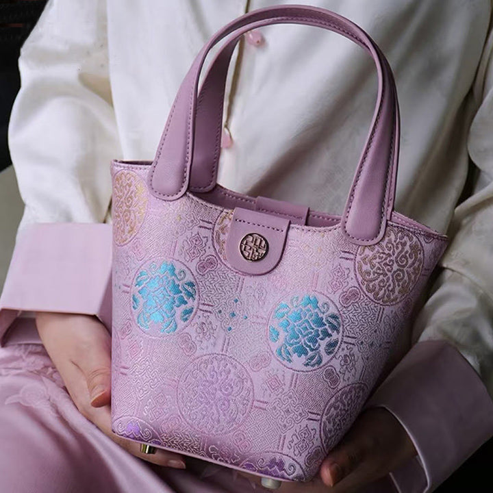 Stickerei Seide Korb Eimer Tasche echtes Leder Handtasche