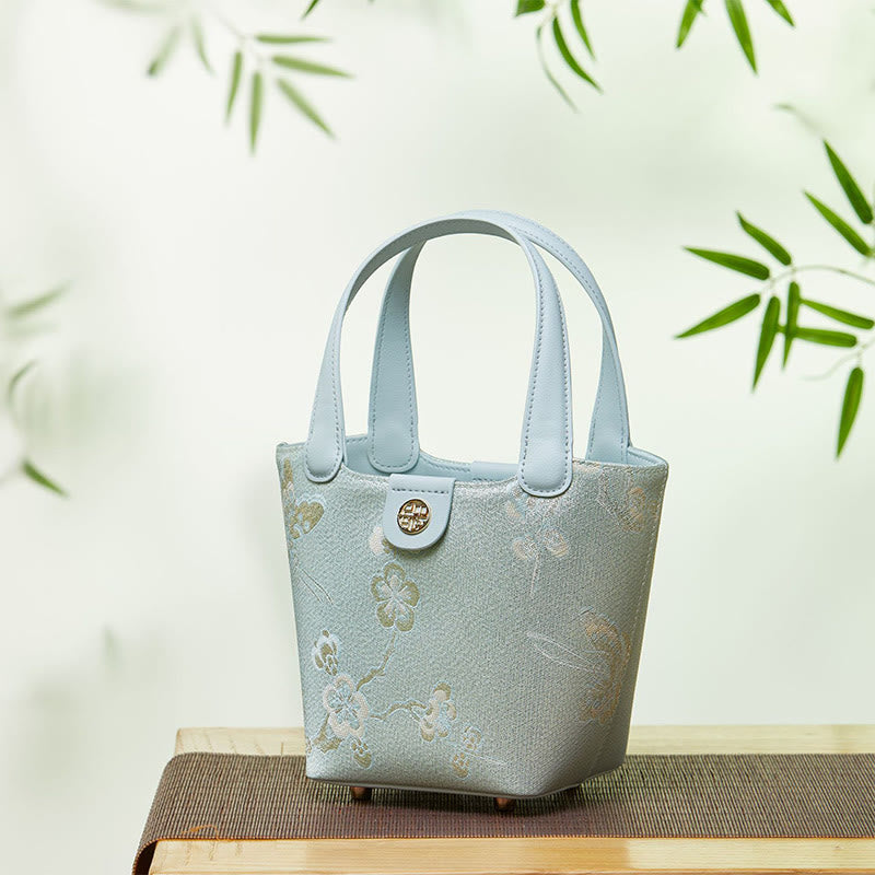 Stickerei Seide Korb Eimer Tasche echtes Leder Handtasche