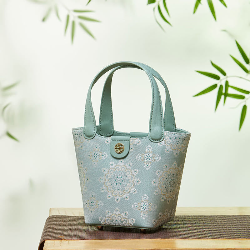 Stickerei Seide Korb Eimer Tasche echtes Leder Handtasche