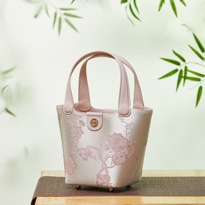 Stickerei Seide Korb Eimer Tasche echtes Leder Handtasche