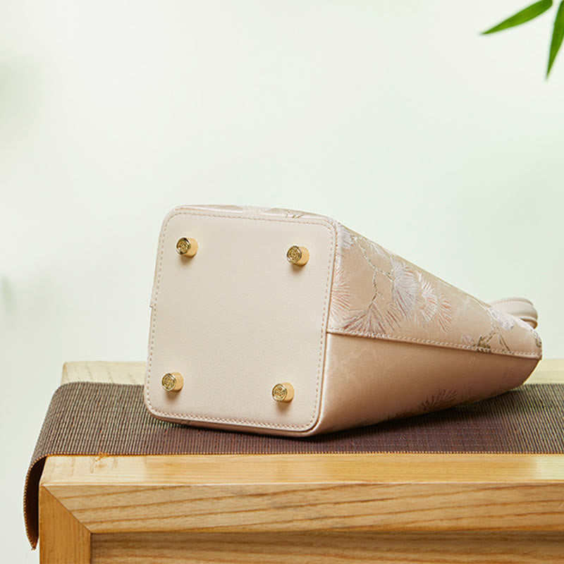 Stickerei Seide Korb Eimer Tasche echtes Leder Handtasche
