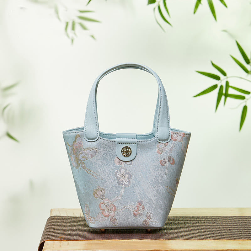 Stickerei Seide Korb Eimer Tasche echtes Leder Handtasche