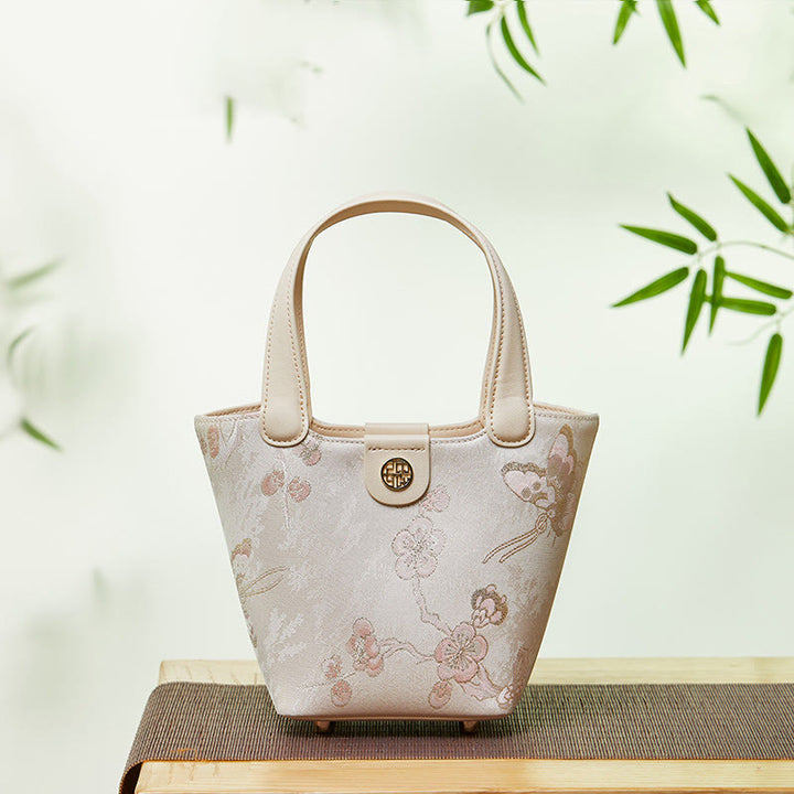 Stickerei Seide Korb Eimer Tasche echtes Leder Handtasche