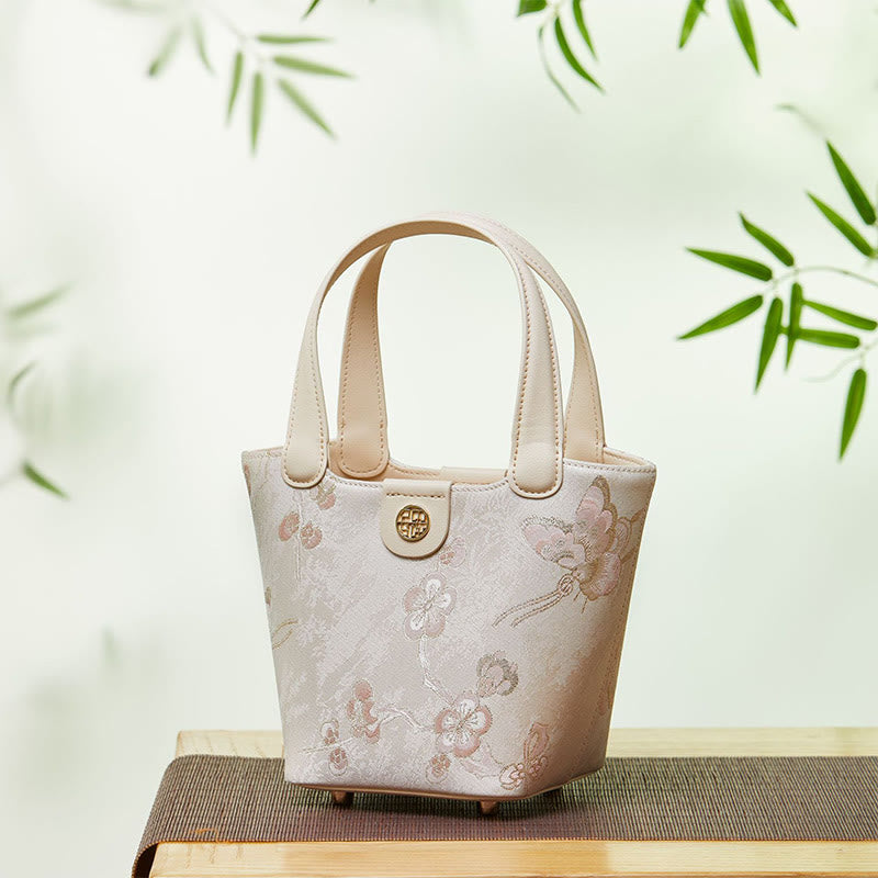 Stickerei Seide Korb Eimer Tasche echtes Leder Handtasche