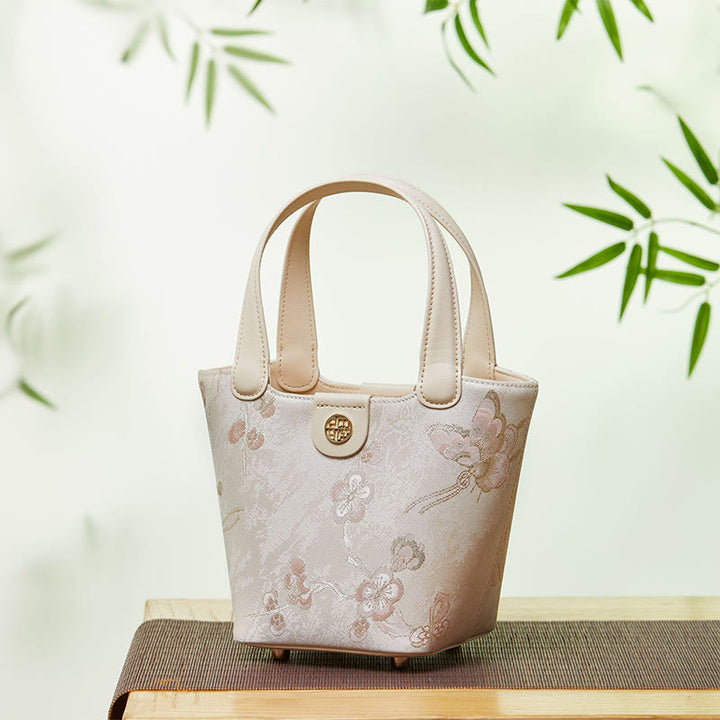 Stickerei Seide Korb Eimer Tasche echtes Leder Handtasche