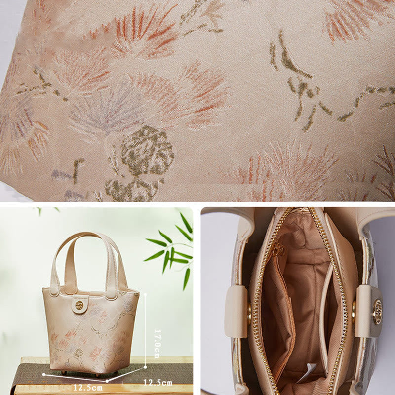Stickerei Seide Korb Eimer Tasche echtes Leder Handtasche