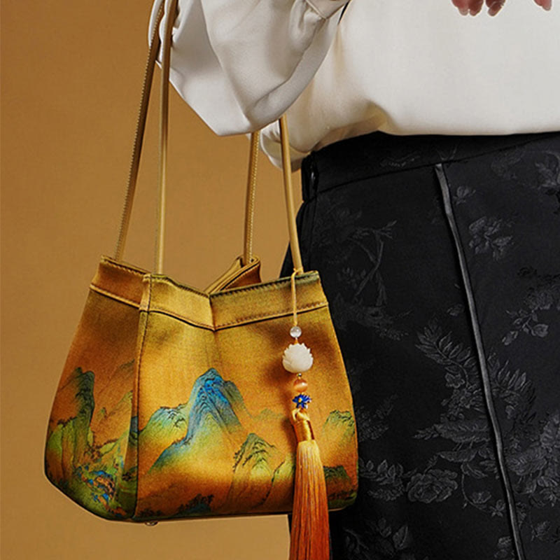 Umhängetasche aus Seide mit Retro-Stickerei, Beuteltasche für Damen