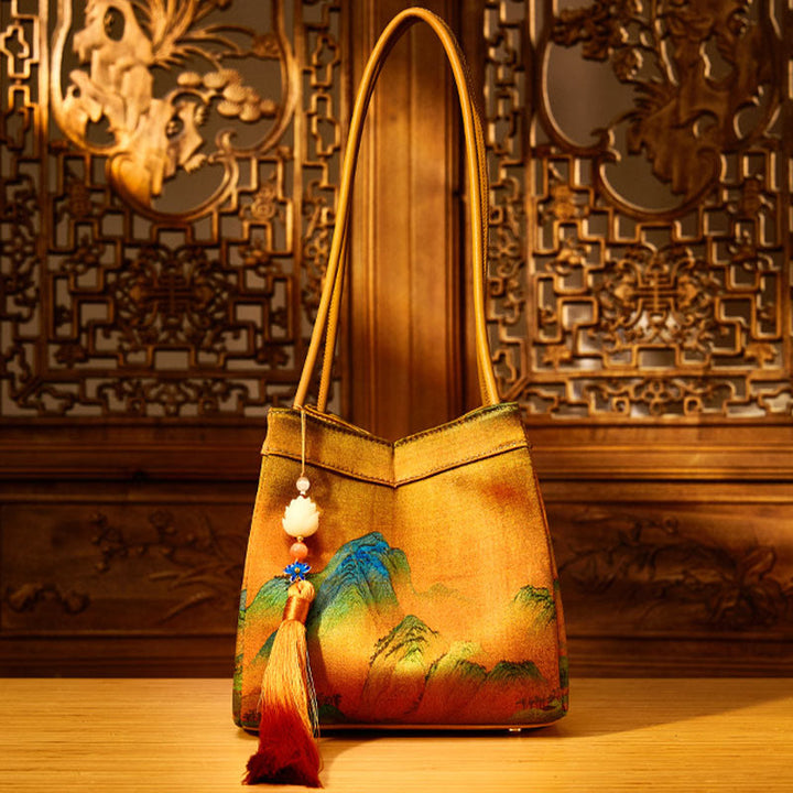 Umhängetasche aus Seide mit Retro-Stickerei, Beuteltasche für Damen