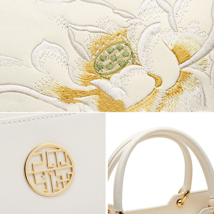 Handtasche aus perlmuttfarbenem, weißem Leder mit Lotusstickerei