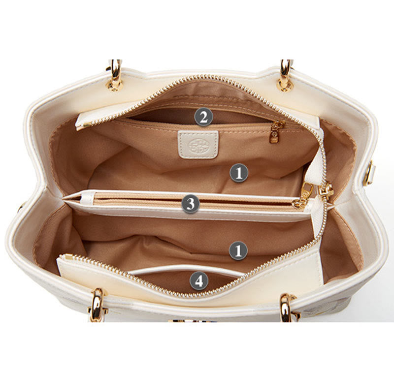 Handtasche aus perlmuttfarbenem, weißem Leder mit Lotusstickerei