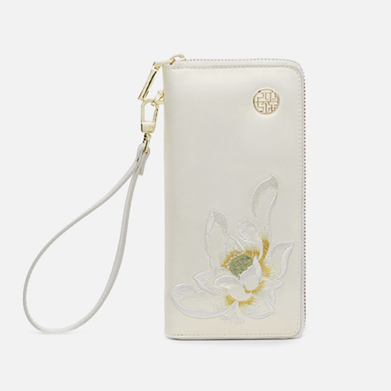 Geldbörse aus echtem Leder mit Lotus-Stickerei und Rundum-Reißverschluss, Clutch, Armbandtasche