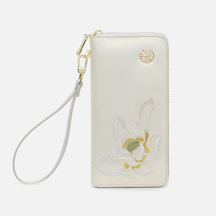 Geldbörse aus echtem Leder mit Lotus-Stickerei und Rundum-Reißverschluss, Clutch, Armbandtasche
