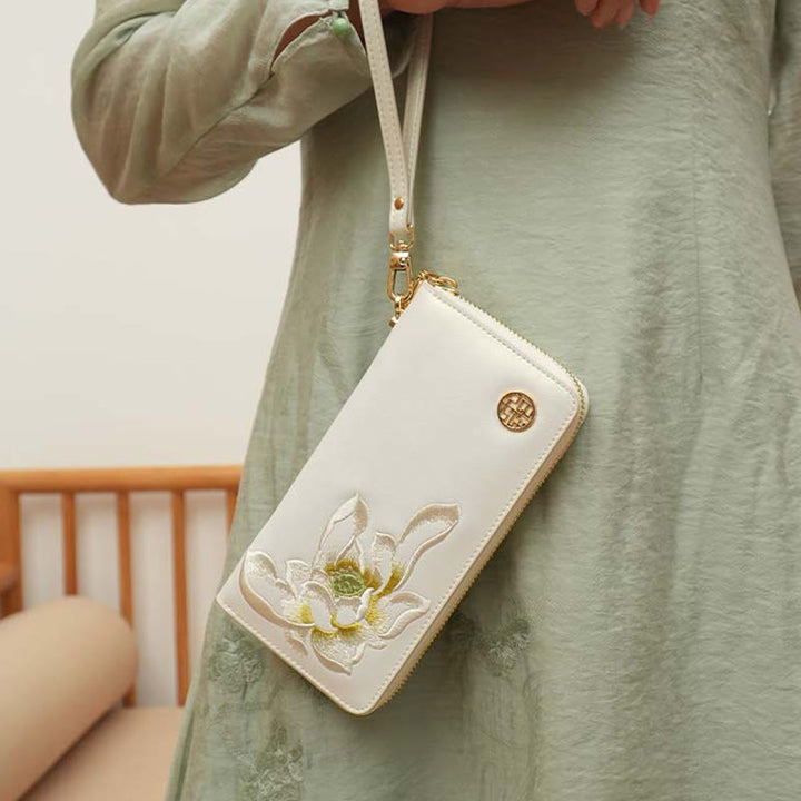 Geldbörse aus echtem Leder mit Lotus-Stickerei und Rundum-Reißverschluss, Clutch, Armbandtasche