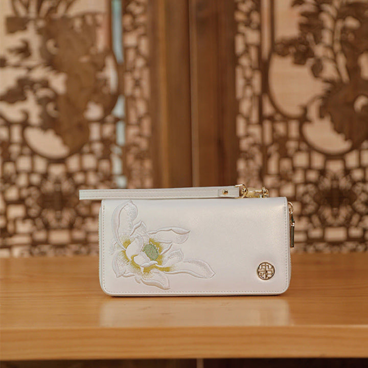 Geldbörse aus echtem Leder mit Lotus-Stickerei und Rundum-Reißverschluss, Clutch, Armbandtasche