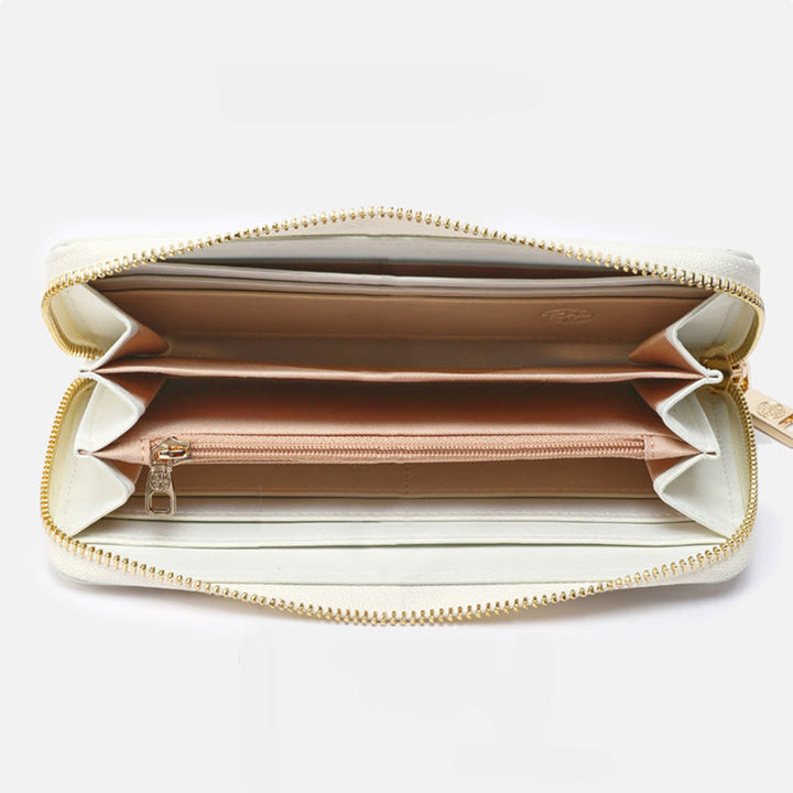 Geldbörse aus echtem Leder mit Lotus-Stickerei und Rundum-Reißverschluss, Clutch, Armbandtasche