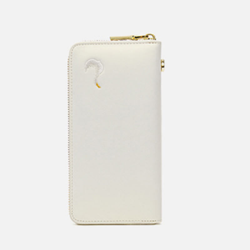 Geldbörse aus echtem Leder mit Lotus-Stickerei und Rundum-Reißverschluss, Clutch, Armbandtasche