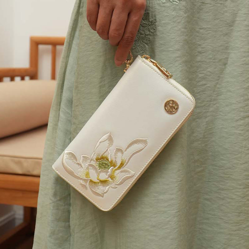 Geldbörse aus echtem Leder mit Lotus-Stickerei und Rundum-Reißverschluss, Clutch, Armbandtasche