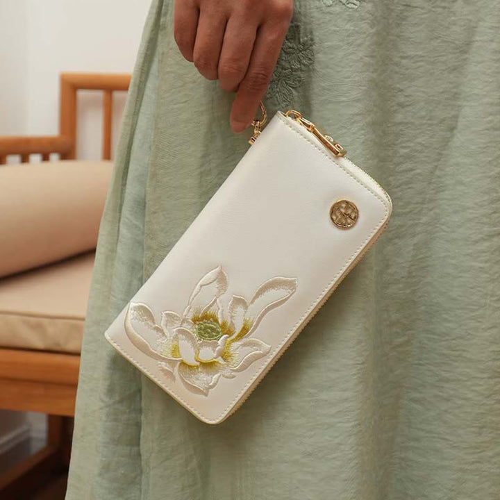Geldbörse aus echtem Leder mit Lotus-Stickerei und Rundum-Reißverschluss, Clutch, Armbandtasche