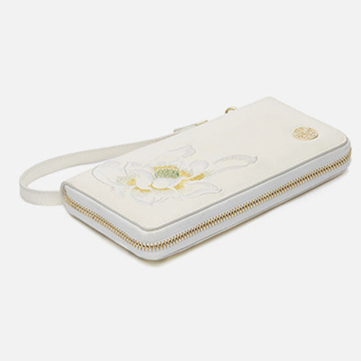 Geldbörse aus echtem Leder mit Lotus-Stickerei und Rundum-Reißverschluss, Clutch, Armbandtasche