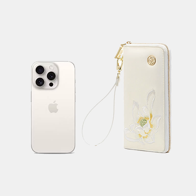 Geldbörse aus echtem Leder mit Lotus-Stickerei und Rundum-Reißverschluss, Clutch, Armbandtasche