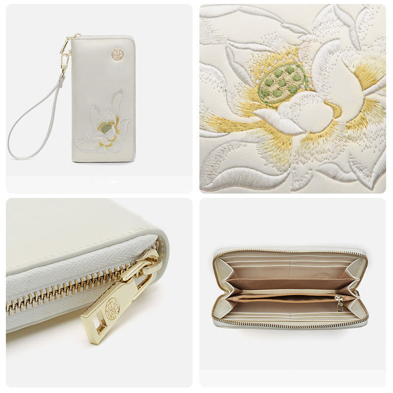 Geldbörse aus echtem Leder mit Lotus-Stickerei und Rundum-Reißverschluss, Clutch, Armbandtasche