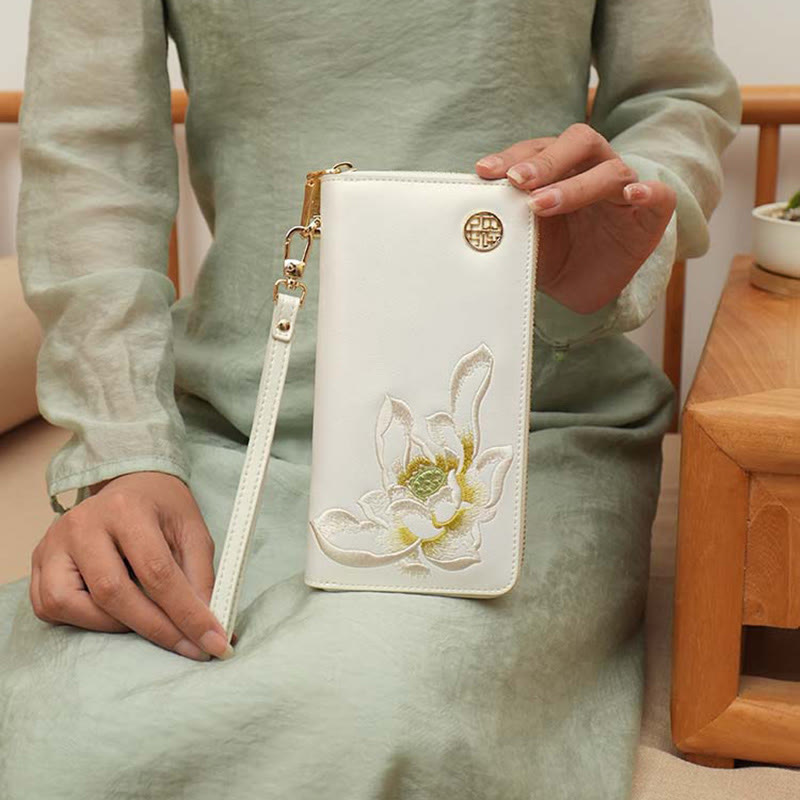 Geldbörse aus echtem Leder mit Lotus-Stickerei und Rundum-Reißverschluss, Clutch, Armbandtasche