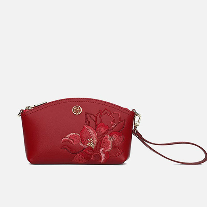 Echtes Leder Blumen Stickerei Clutch Armband Tasche Umhängetasche
