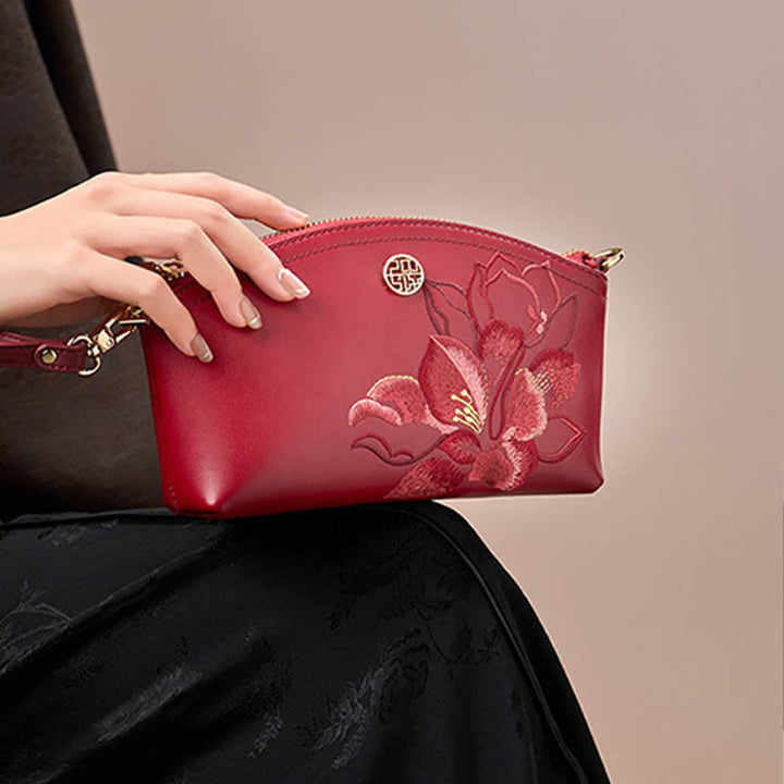 Echtes Leder Blumen Stickerei Clutch Armband Tasche Umhängetasche