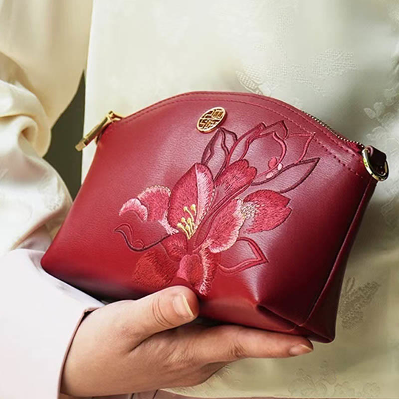 Echtes Leder Blumen Stickerei Clutch Armband Tasche Umhängetasche