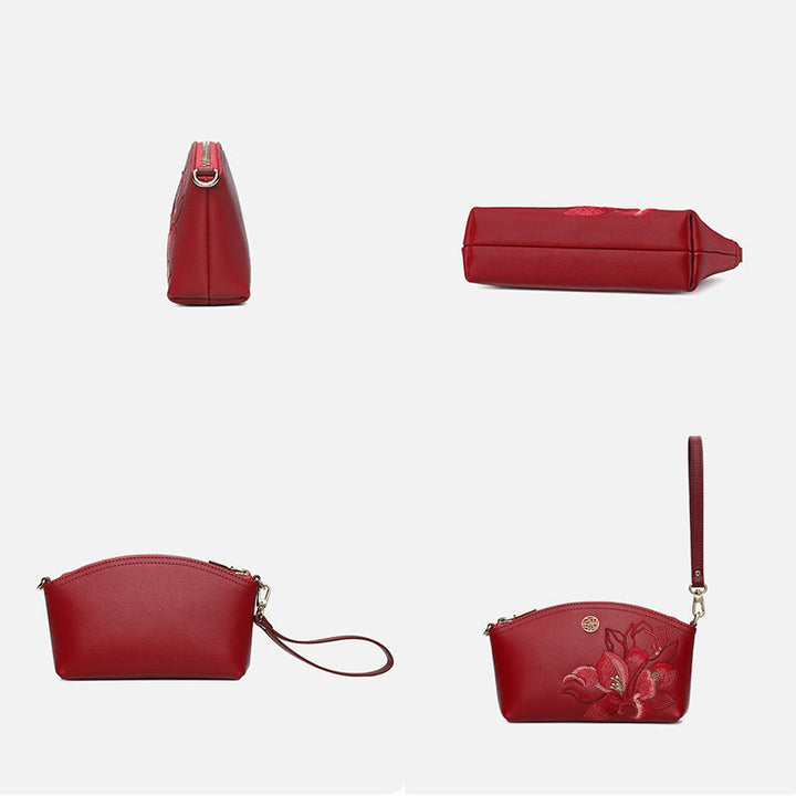 Echtes Leder Blumen Stickerei Clutch Armband Tasche Umhängetasche