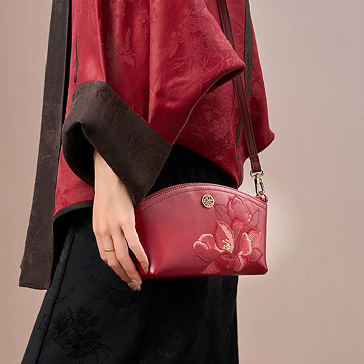 Echtes Leder Blumen Stickerei Clutch Armband Tasche Umhängetasche