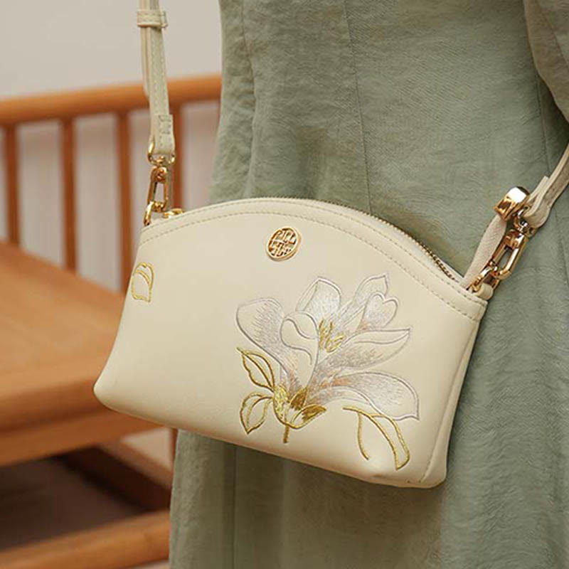 Echtes Leder Blumen Stickerei Clutch Armband Tasche Umhängetasche