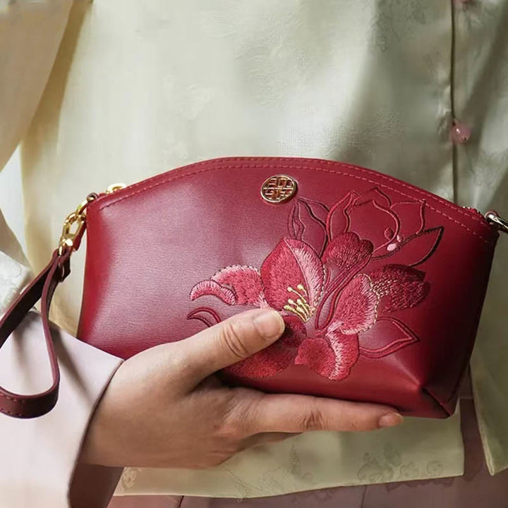 Echtes Leder Blumen Stickerei Clutch Armband Tasche Umhängetasche