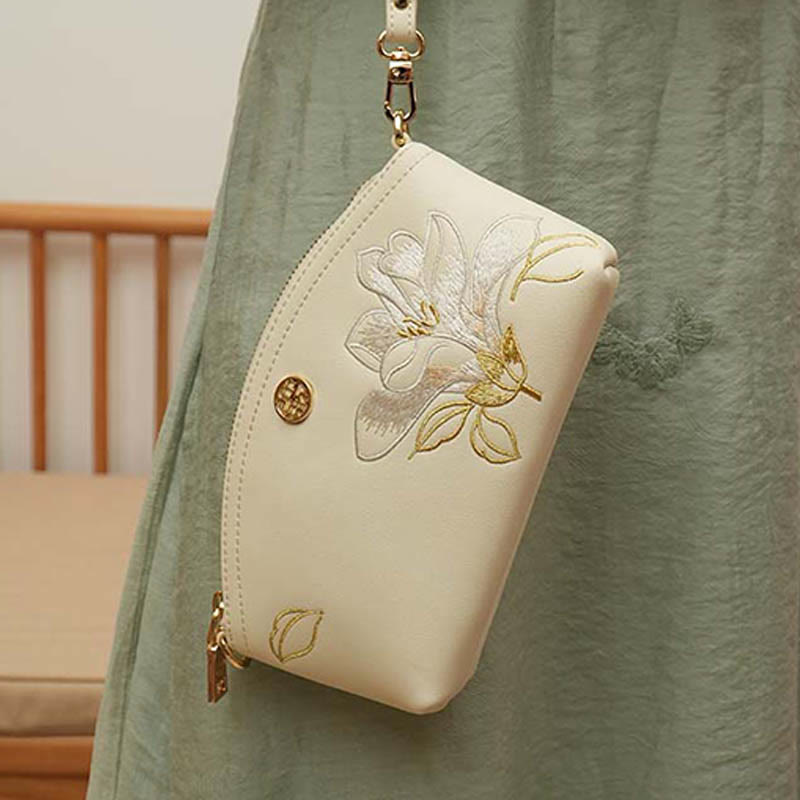 Echtes Leder Blumen Stickerei Clutch Armband Tasche Umhängetasche