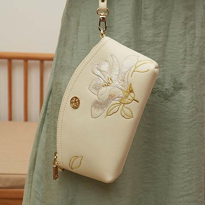 Echtes Leder Blumen Stickerei Clutch Armband Tasche Umhängetasche