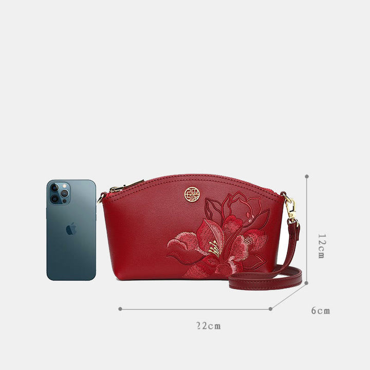 Echtes Leder Blumen Stickerei Clutch Armband Tasche Umhängetasche