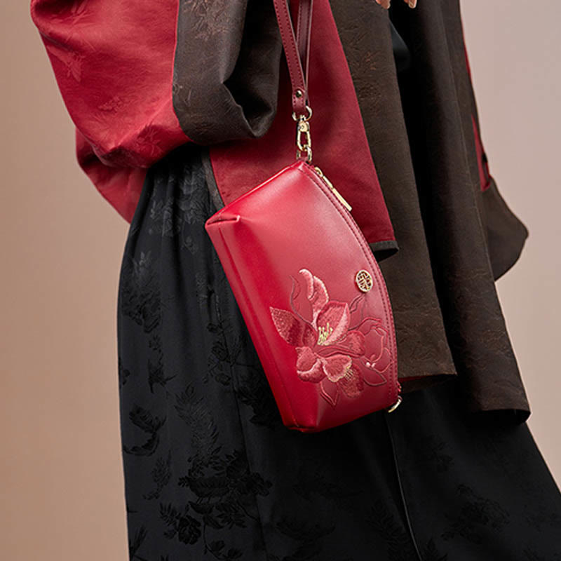 Echtes Leder Blumen Stickerei Clutch Armband Tasche Umhängetasche