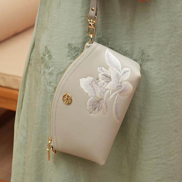 Echtes Leder Blumen Stickerei Clutch Armband Tasche Umhängetasche
