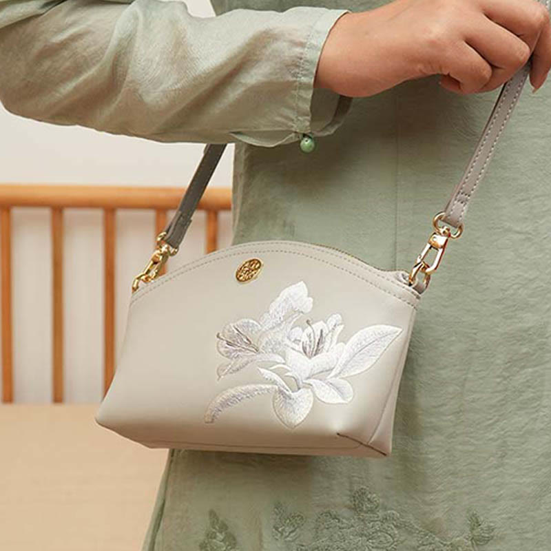 Echtes Leder Blumen Stickerei Clutch Armband Tasche Umhängetasche