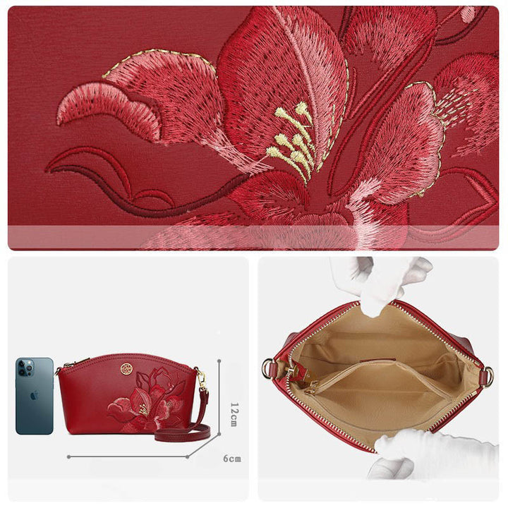 Echtes Leder Blumen Stickerei Clutch Armband Tasche Umhängetasche