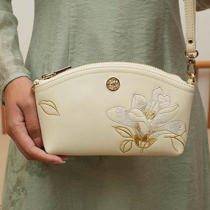 Echtes Leder Blumen Stickerei Clutch Armband Tasche Umhängetasche
