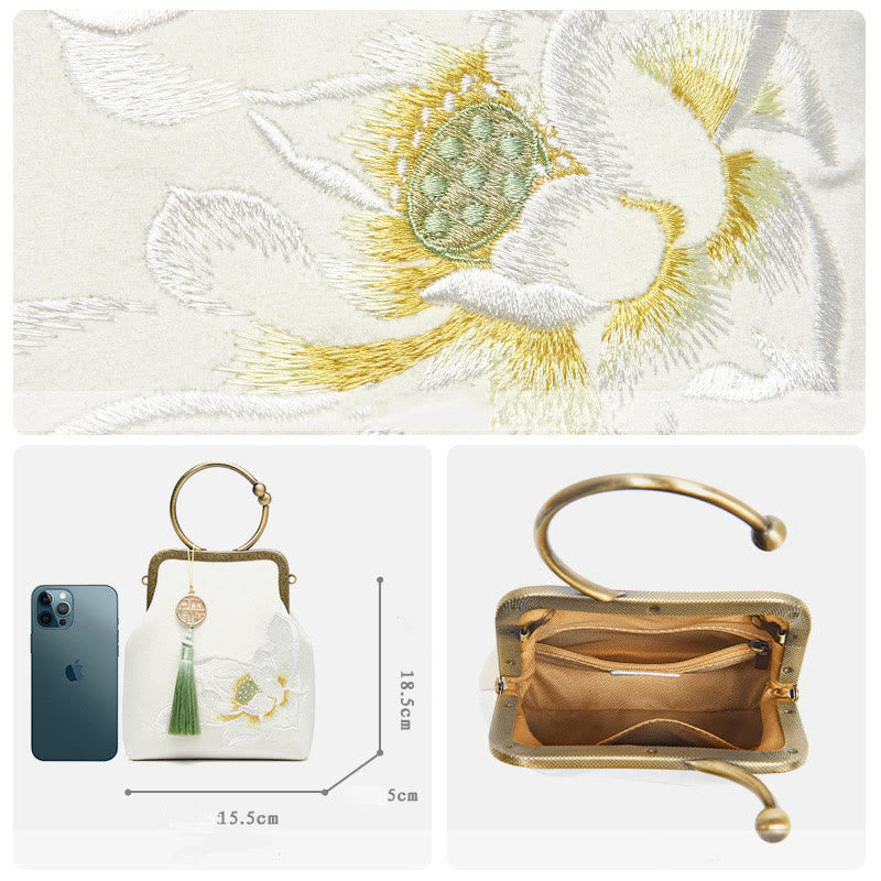 Abendtasche mit Lotus-Stickerei, Quaste und Kussverschluss, für Partys, mit Henkel