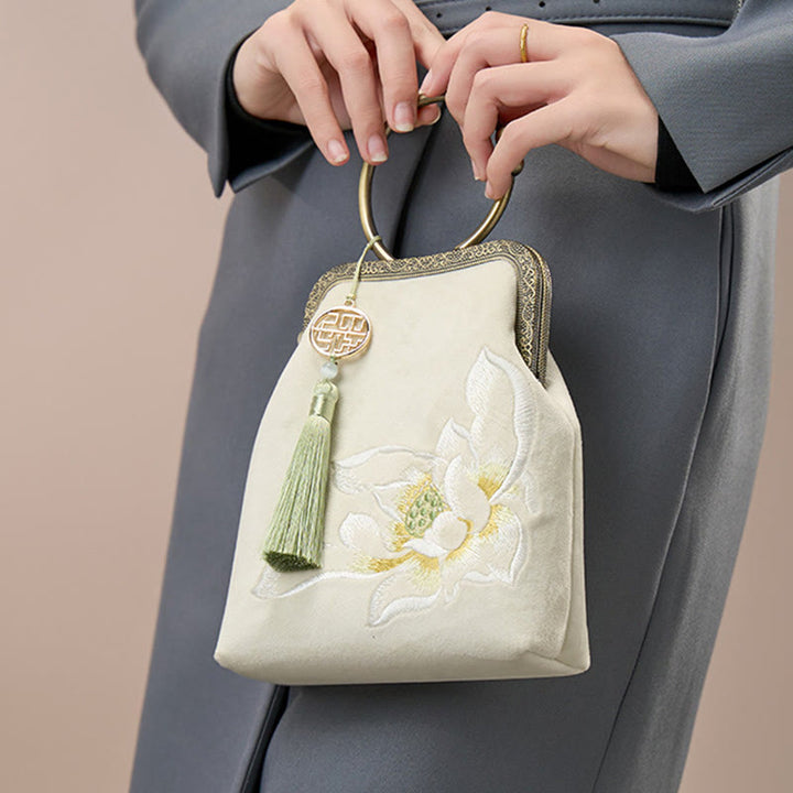 Abendtasche mit Lotus-Stickerei, Quaste und Kussverschluss, für Partys, mit Henkel