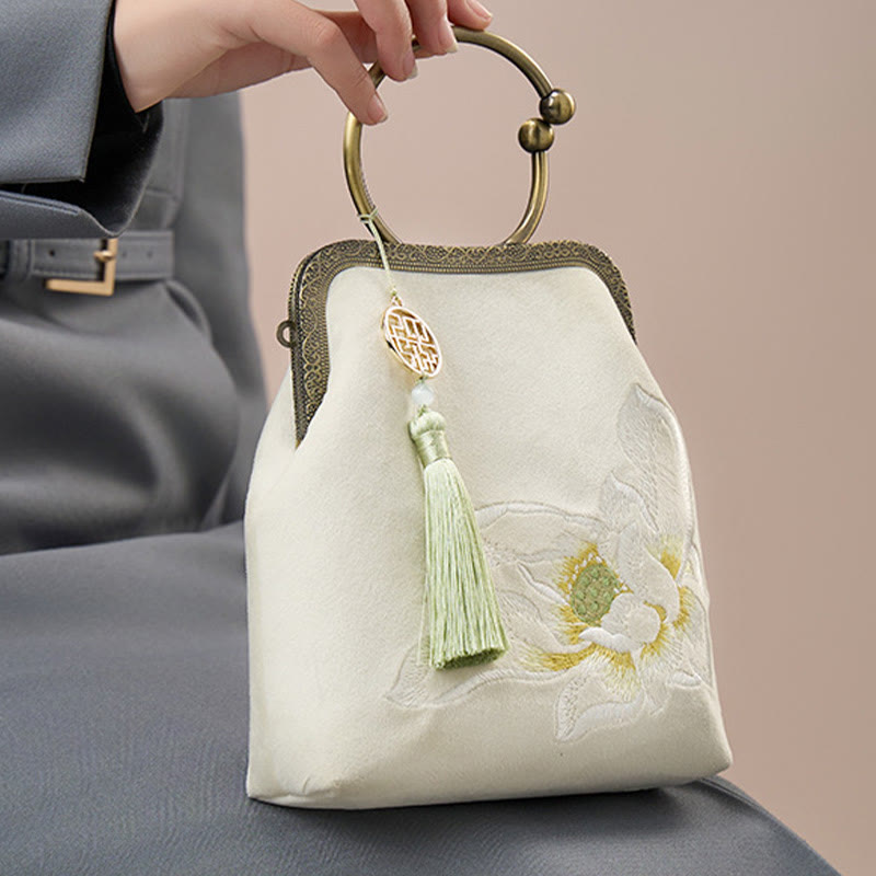 Abendtasche mit Lotus-Stickerei, Quaste und Kussverschluss, für Partys, mit Henkel
