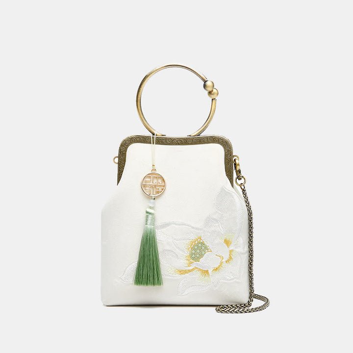 Abendtasche mit Lotus-Stickerei, Quaste und Kussverschluss, für Partys, mit Henkel