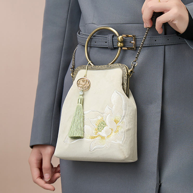 Abendtasche mit Lotus-Stickerei, Quaste und Kussverschluss, für Partys, mit Henkel