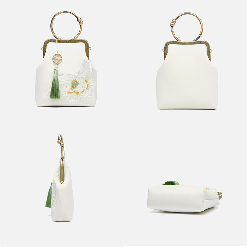 Abendtasche mit Lotus-Stickerei, Quaste und Kussverschluss, für Partys, mit Henkel