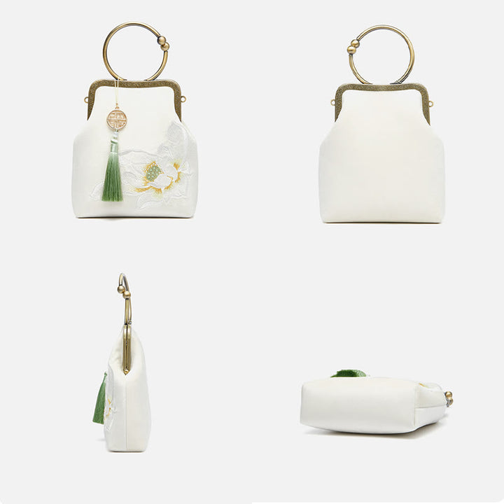 Abendtasche mit Lotus-Stickerei, Quaste und Kussverschluss, für Partys, mit Henkel